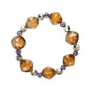 Chunky Drizzled Amber Acrylic and Wood Beads Stretch Beaded Bracelet